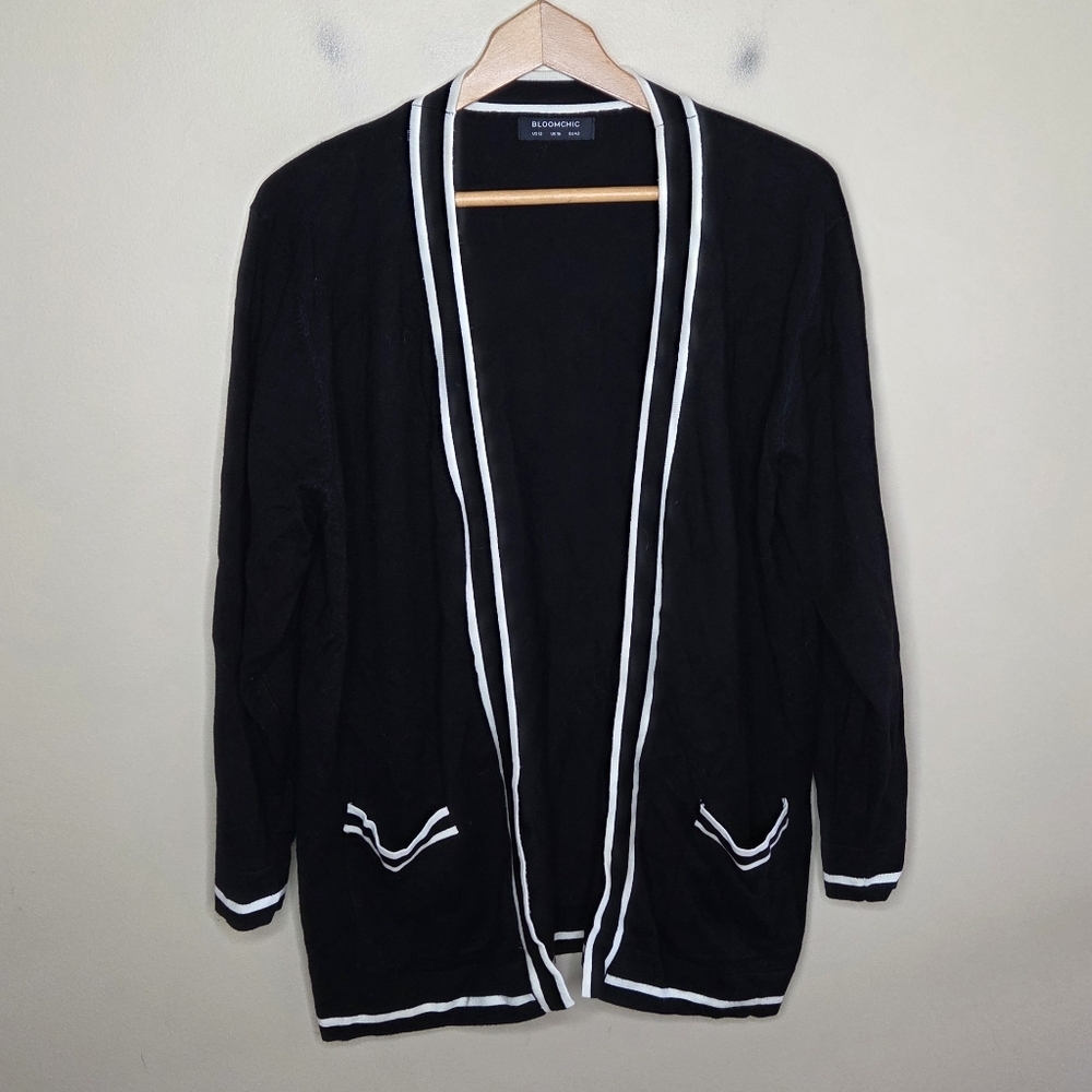 Bloomchic Black Open Front Cardigan with White Trim Size US 12 Preppy Classic